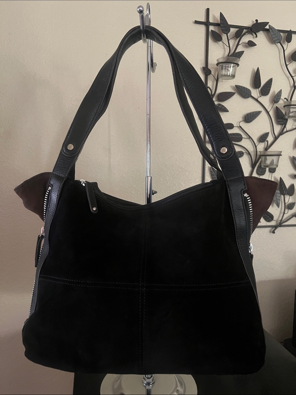 Tignanello Black Suede Shoulder Bag with Brown Accents